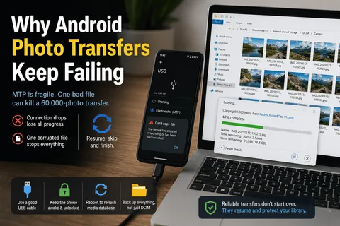 A Windows copy dialog failing partway through an Android photo transfer with the phone set to File transfer over MTP