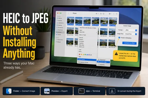 A Finder window converting HEIC photos to JPEG on a Mac with the Convert Image quick action open