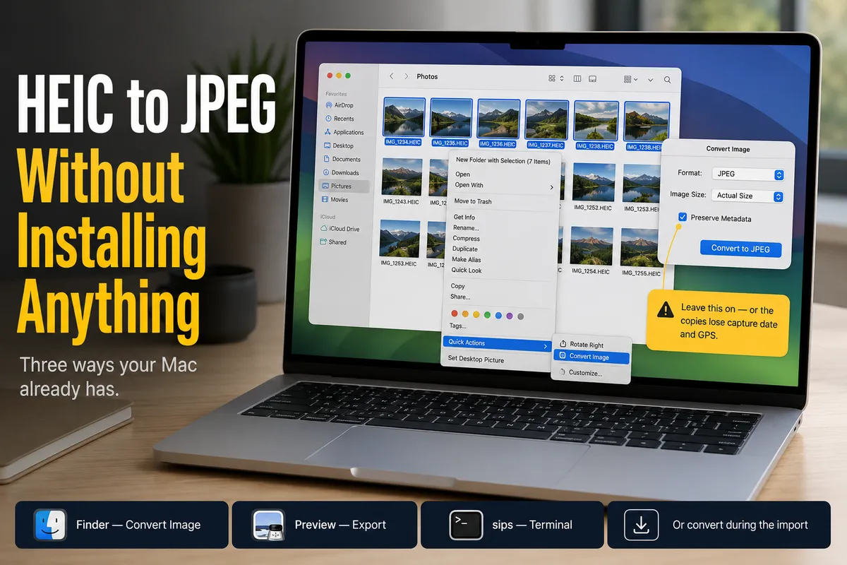 A Finder window converting HEIC photos to JPEG on a Mac with the Convert Image quick action open