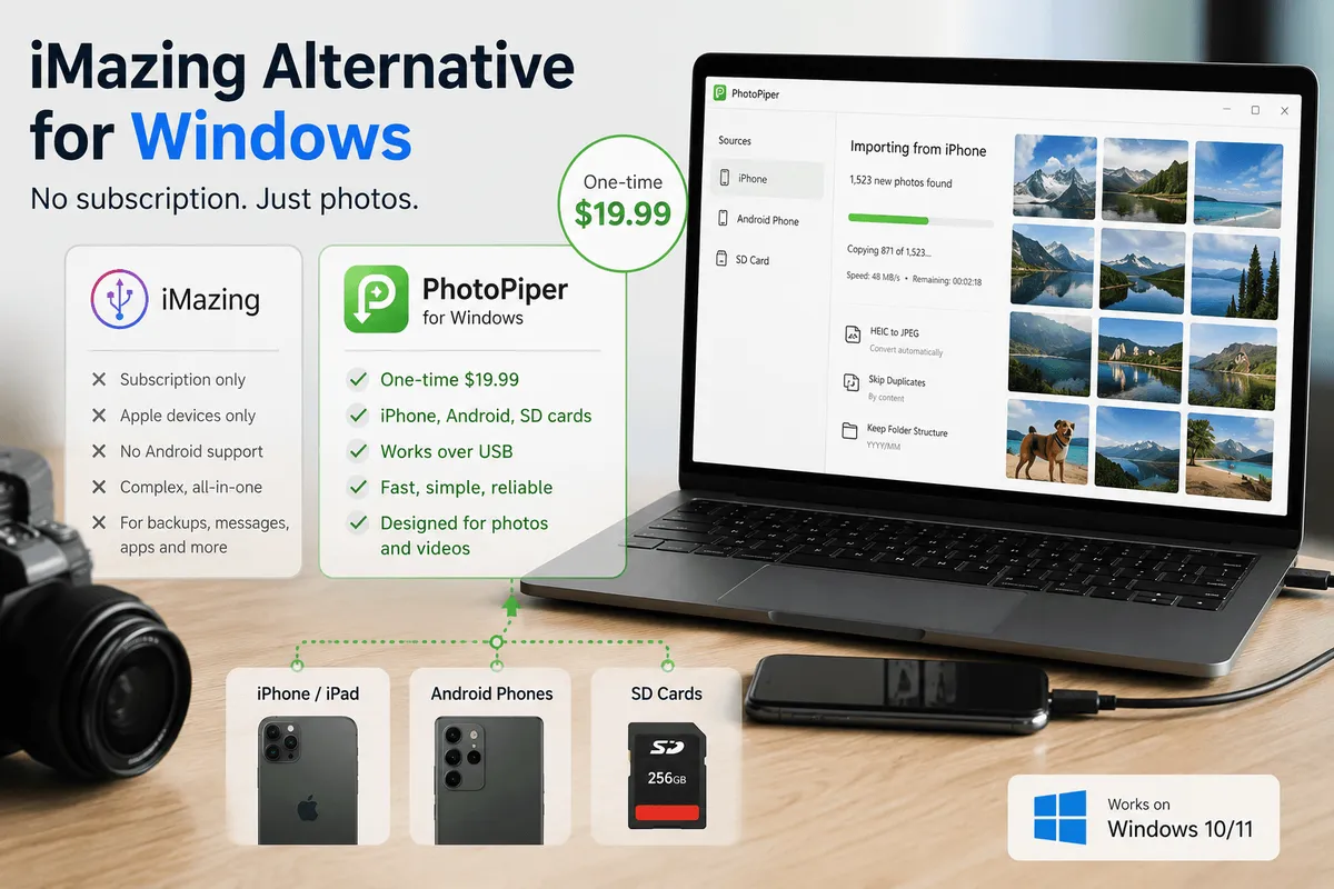 PhotoPiper for Windows importing photos from an iPhone on a laptop, next to a feature comparison with iMazing and icons for iPhone, Android phones and SD cards