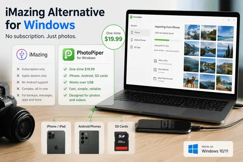 PhotoPiper for Windows importing photos from an iPhone on a laptop, next to a feature comparison with iMazing and icons for iPhone, Android phones and SD cards