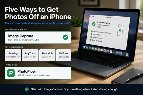 iPhone photo transfer tools for Mac compared side by side — the built-in Image Capture next to four third-party device managers