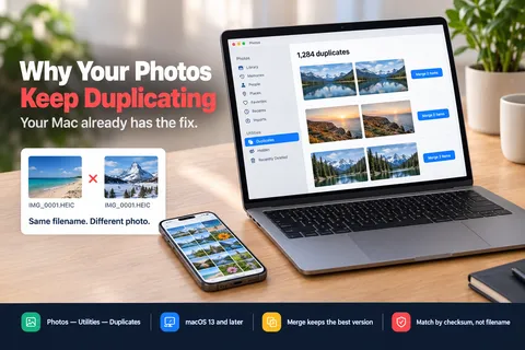 The Duplicates album in the macOS Photos app showing matched pairs of iPhone photos ready to merge