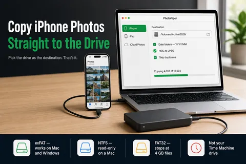 An iPhone connected by USB to a MacBook with an external SSD attached, photos copying to a folder on the drive