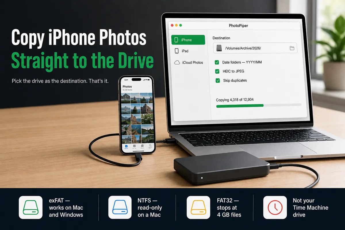 An iPhone connected by USB to a MacBook with an external SSD attached, photos copying to a folder on the drive