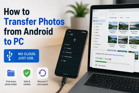 Transferring an Android camera roll to a Windows PC over USB with the phone set to File transfer mode