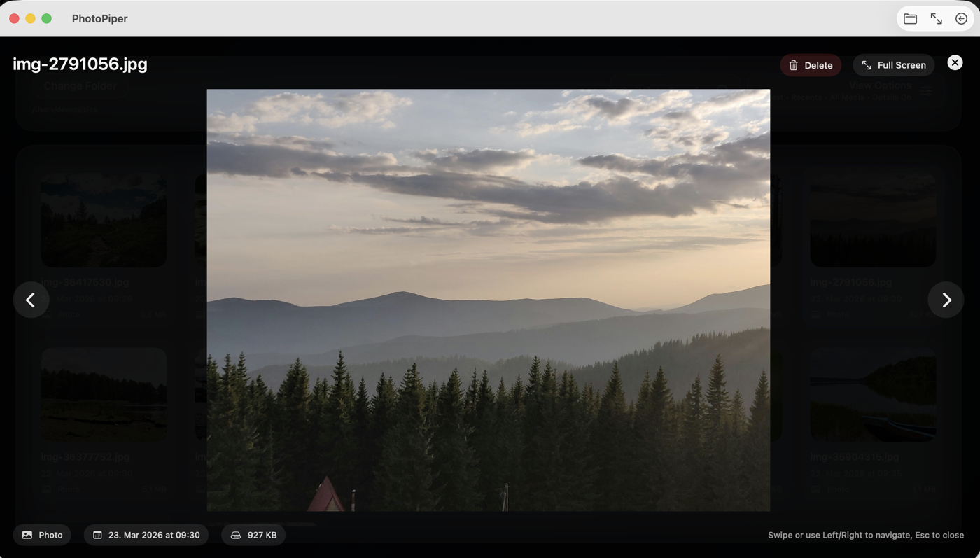 PhotoPiper full-screen photo viewer with navigation arrows and thumbnail filmstrip