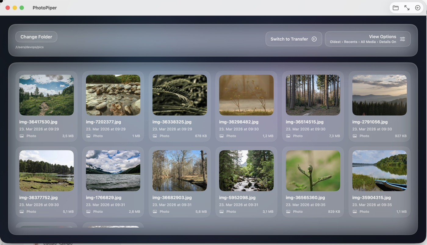 PhotoPiper gallery grid view showing photo thumbnails organized by date with file details