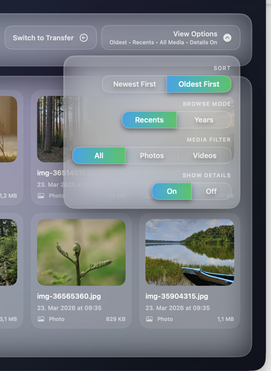 PhotoPiper view options showing sort order, browse mode, media filter, and detail toggles