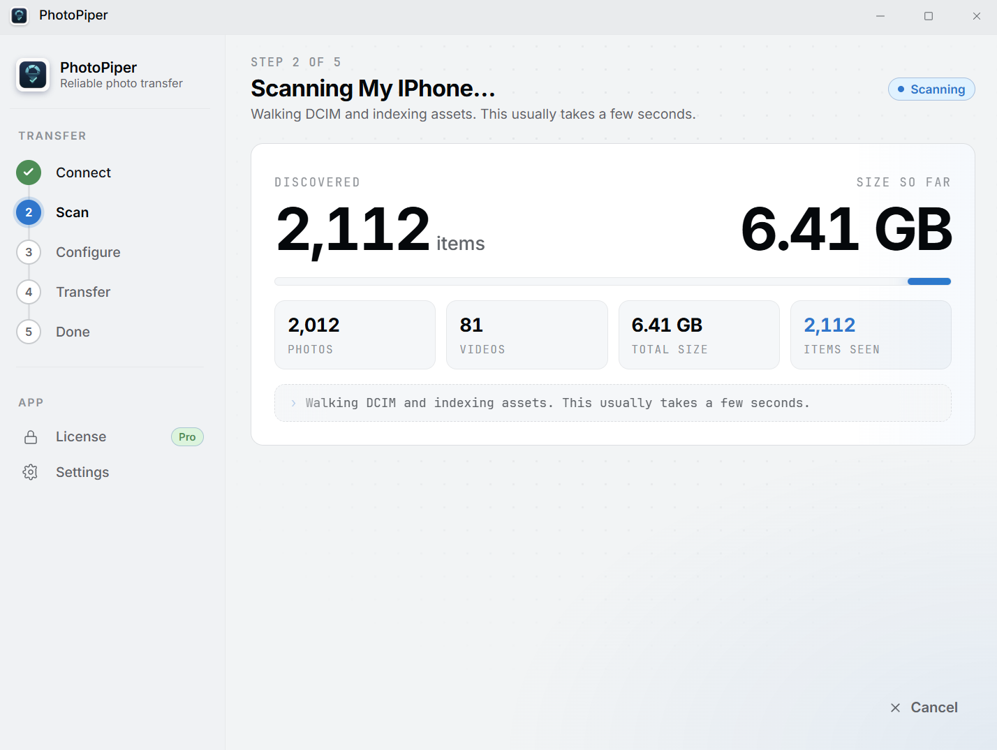 PhotoPiper skanner en iPhone, viser 2 112 gjenstander og 6,41 GB oppdaget
